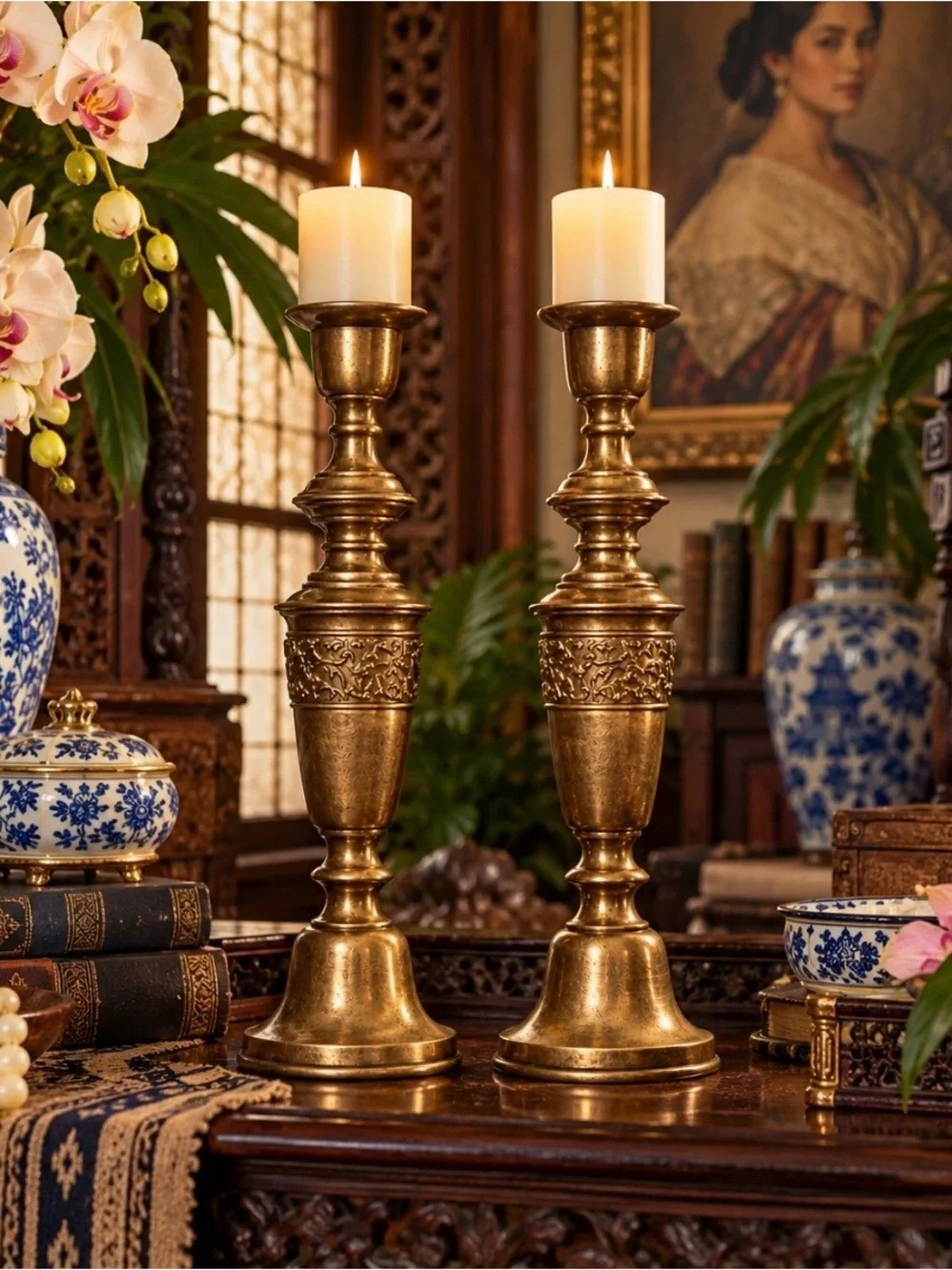 Vintage Made in Japan Brass Candlesticks Pair 21”